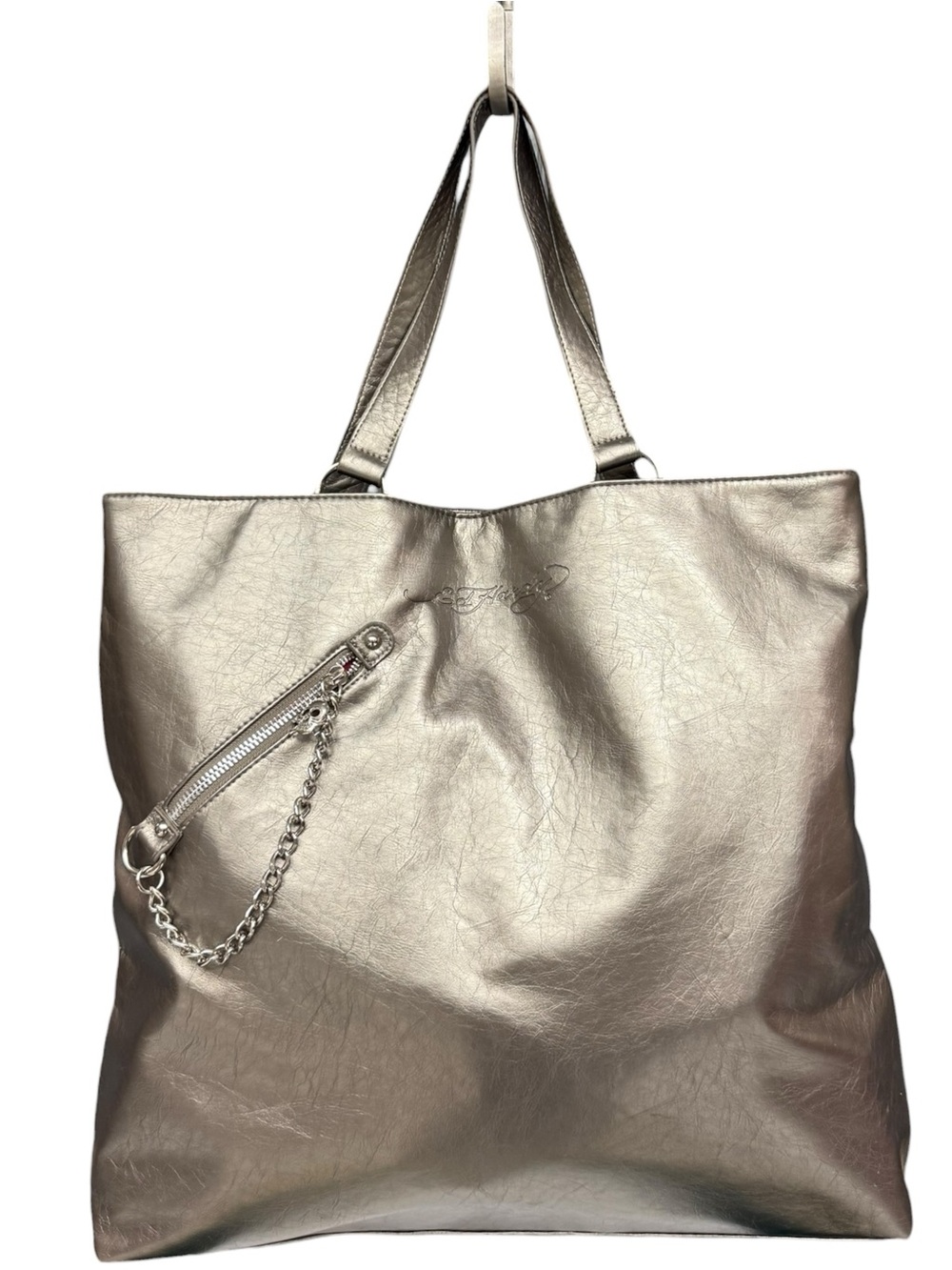 Ed Hardy Metallic Silver Tote with Skull Chain Accent Oversized Large Tote Bag